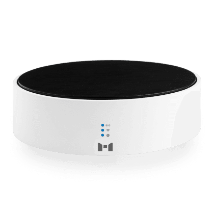 A sleek white MTronic MHub, with a flat black top and a grey MRS logo