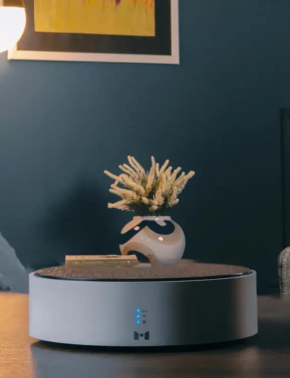 "MTronic MHub placed on a brown table with three blue vertical lights on and the MRS logo in the bottom centre; a vase, blue walls and a yellow poster with white and black outline in the background.