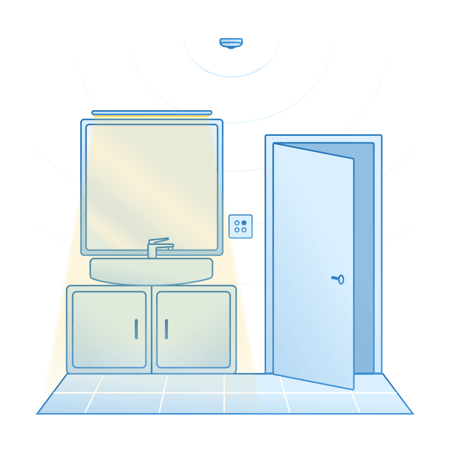 Washroom light and exhaust turned on as MTronic's Motion and Light sensor detects someone enter